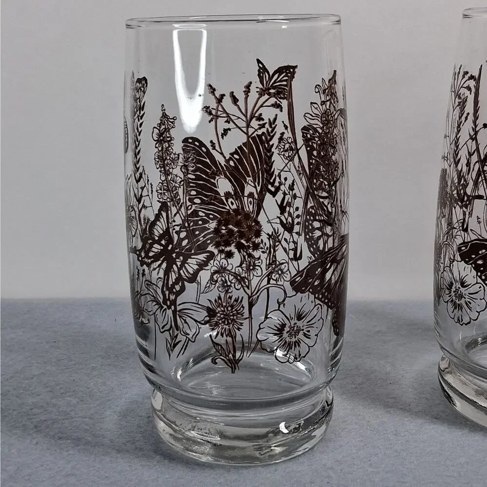 Set of 4 Vintage Butterfly Design Drinking Glasses Tumblers 10 Ounces